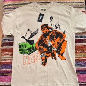 NAS Medium Size Staple Tan Graphic  Hip Hop Tee with Orange & Green Accents New!